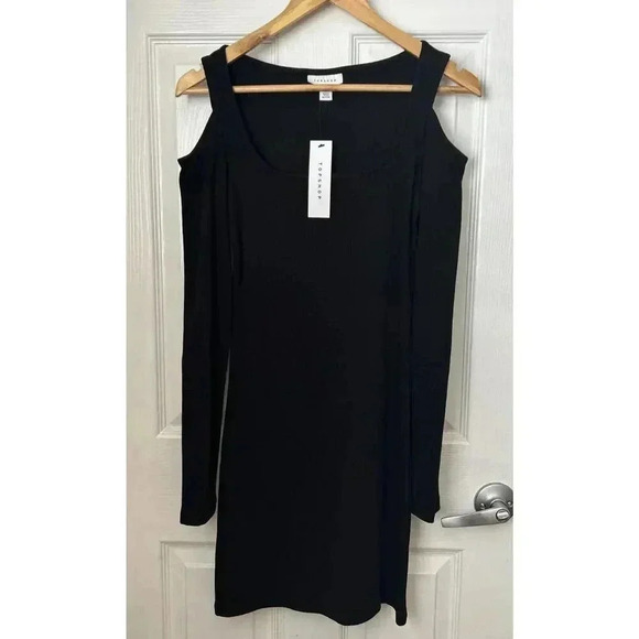 NWT TOPSHOP ASOS Black Cold Shoulder Mini Dress Bodycon Ribbed Size Small 4/6 - Picture 2 of 8